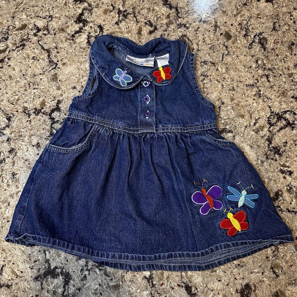 Specialty Kids 3/6 Months Baby Girls Butterfly Denim Dress Vintage 90's Baby